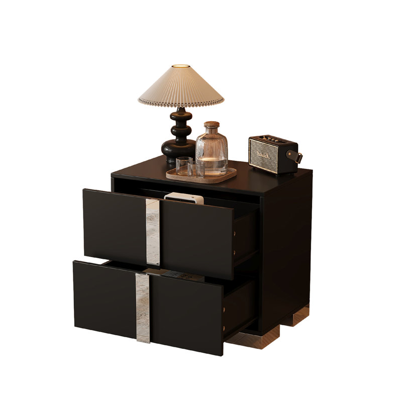 Table de chevet avec miroir, 2 tiroirs, finition noire et pied en métal, atmosphère de chambre à coucher confortable