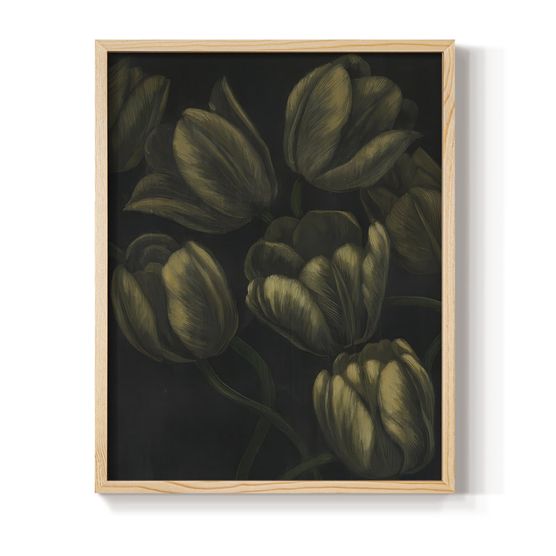 Reproduction encadrée de tulipes dorées II - bois massif, Naturel, H 30 po x l 24 po