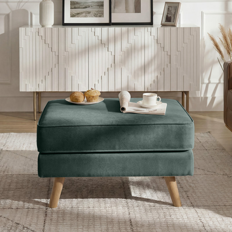 Repose-pieds rembourré de style Mid-Century de 29,7 po de large Havens, repose-pieds en similicuir avec pieds en bois massif, tabouret de table basse pour le salon, la chambre à coucher et le vestibule