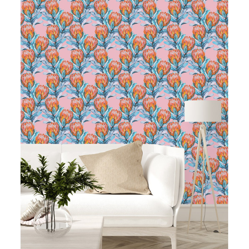 Protea sur papier peint rose, L 124,8 po x l 25 po