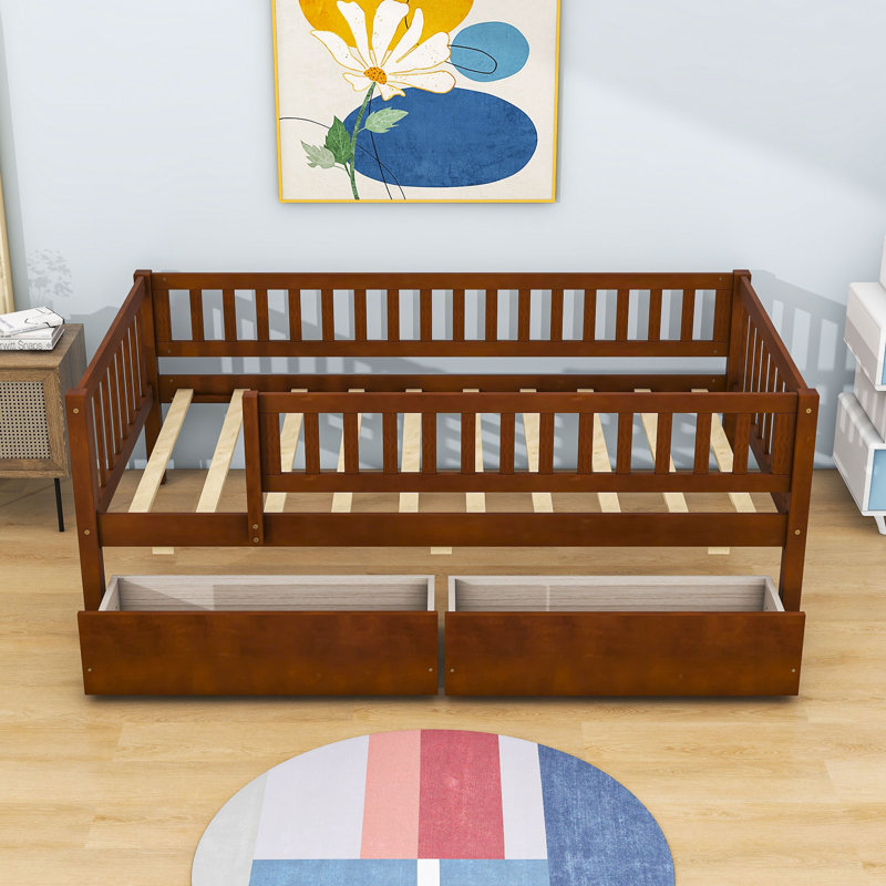 Wood Daybed with Two Drawers and Slats, Walnut, Twin