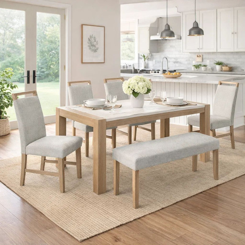 Ensemble de salle à manger 6 pièces Teny, chaises, banc Teny, blanc imitation marbre brun clair