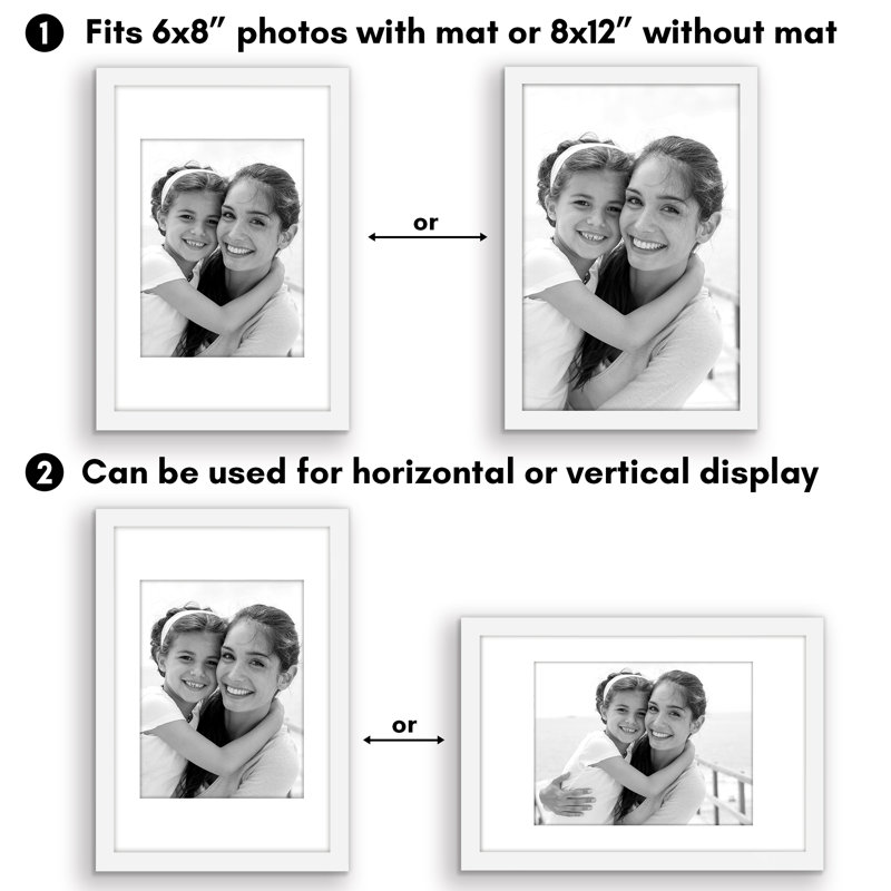 Cadre photo Americanflat - ensemble de 2 - cadre avec passe-partout - plexiglas poli, Blanc, 8 po x 12 po, 6 po x 8 po