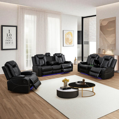 Overstuffed 3-Piece Power Home theater Recliner Set — Single, Loveseat & Three-Seat Sofa, Black