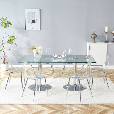 Table And Chair Set.71 Inch X 35.4-Inch Tempered Glass Table,Paired With 6 Transparent Plastic Chairs With Silver Metal Legs.Bring A Comfortable Home Experience.