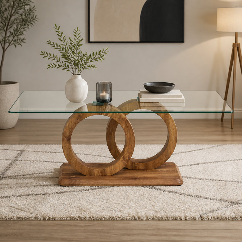 Une table basse rectangulaire moderne et tendance avec un plateau en verre trempé et des pieds en grain de bois. Convient au salon: 47,2 po x 25,4 po x 17,9 po