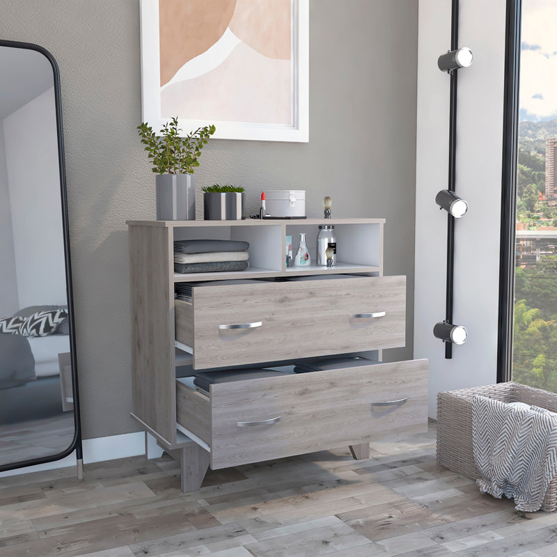 Commode à deux tiroirs Portanova, deux tablettes ouvertes, plateau supérieur, quatre pieds - gris clair / blanc, Gris
