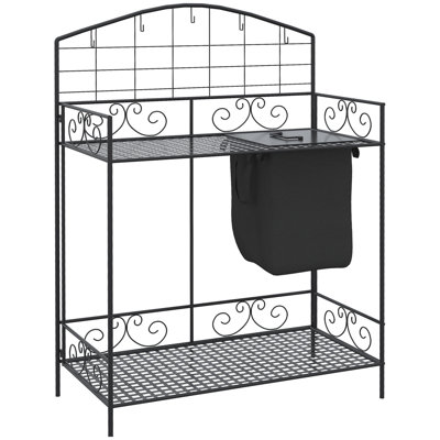 Folding Potting Bench Table, Metal Garden Workstation, Work Bench With Large Build-In Bag With Cover, 5 Hanging Hooks & Storage Shelf