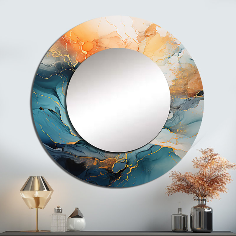 Teal orange audacieux flux abstrait Collage II - miroir mural, miroir décoratif rond moderne, impression sur métal