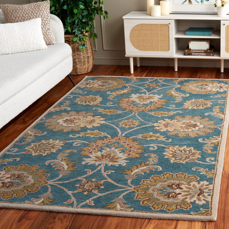 Tapis floral en coton touffeté à la main Heritage en bleu / jaune, Rectangle de 5 pi x 8 pi