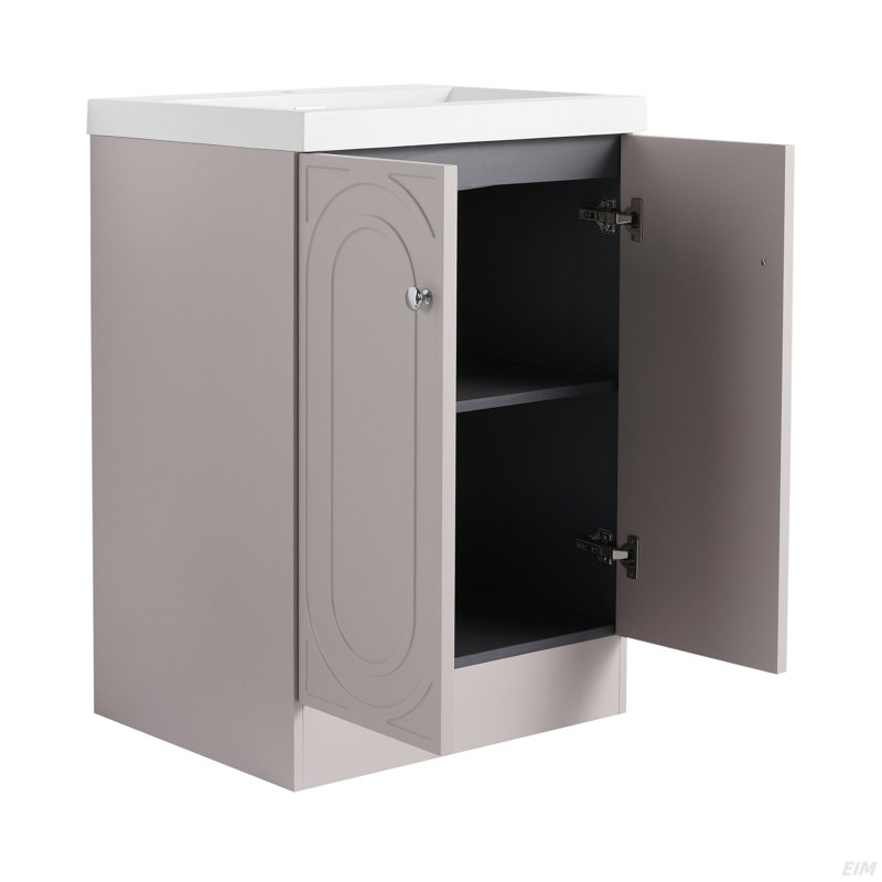 Meuble-lavabo autoportant avec lavabo en résine blanche et 2 portes d'armoire à fermeture en douceur (emballage KD), Kaki
