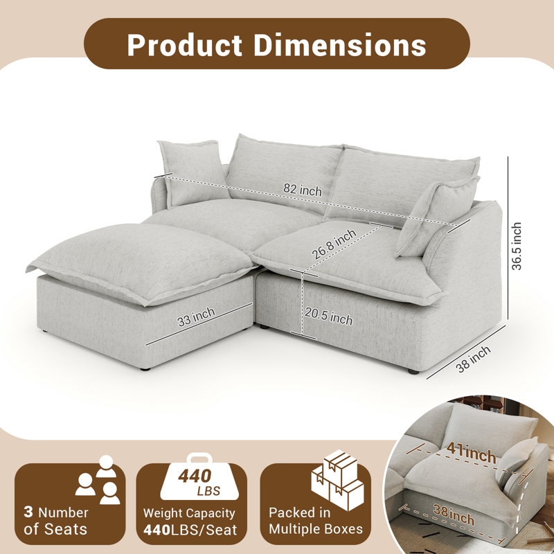 Linen Blend Cloud Couch Modular Sectional Sofa, Convertible Upholstered Cloud Sofa Comfy Deep Seat Couches For Living Room, Down Filled Sectional Sofa, Removable Washable Sofa Covers