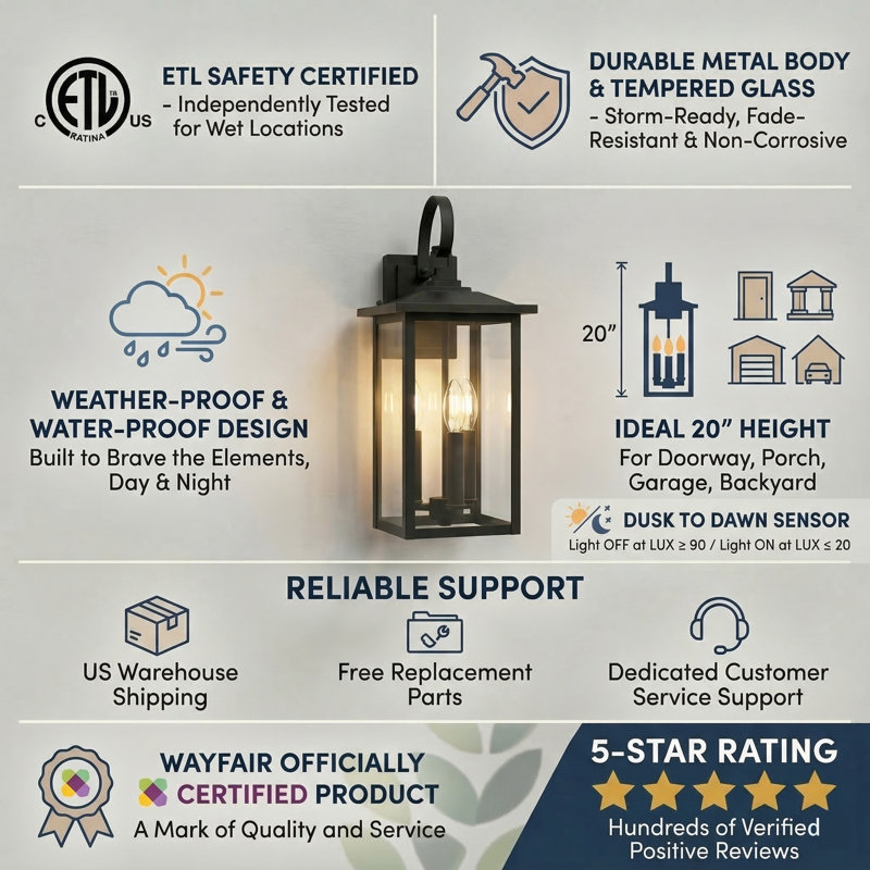 Dallas 3-Light Outdoor Wall Lantern with Dusk to Dawn, Matte Black, 25" H x 9.1" W x 11.6" D