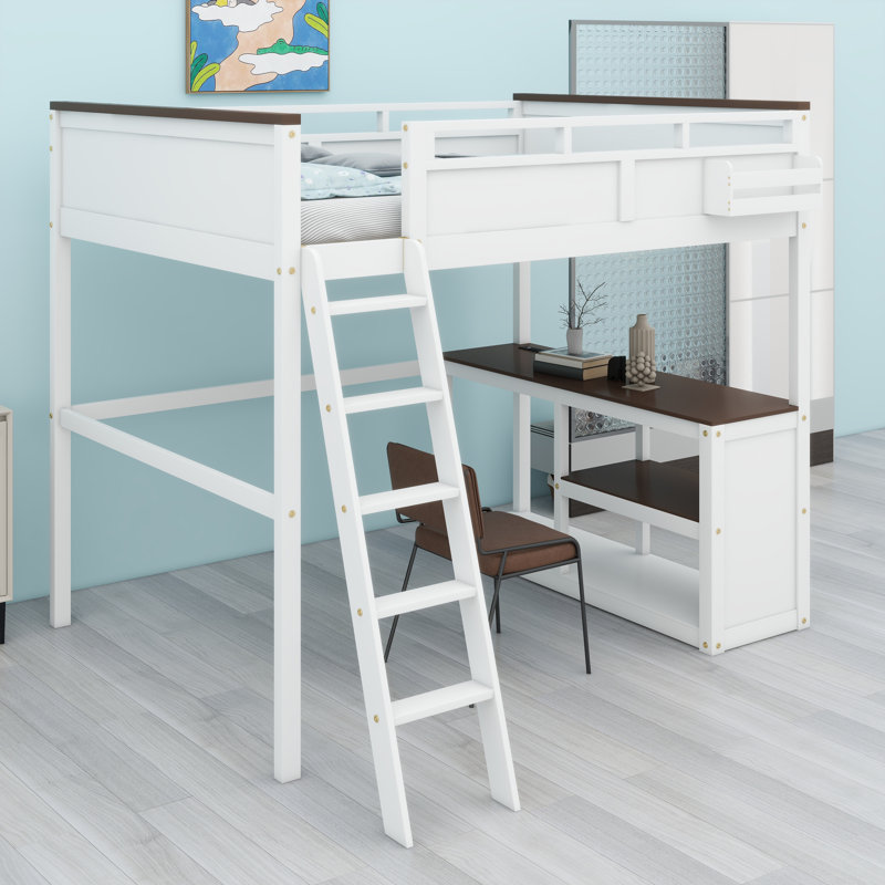 Lit mezzanine avec bureau intégré, étagère ouverte, boîte de rangement et station de charge USB