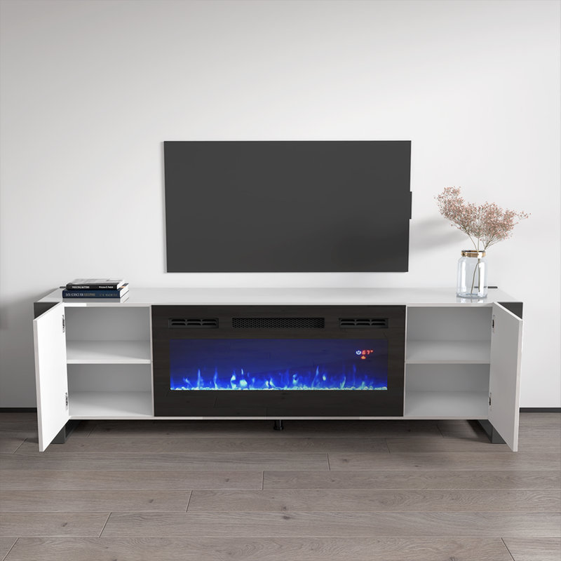 Rickeisha 77.2" Modern TV Stand with Electric Fireplace, High Gloss Finish, Media Storage, White/Gray