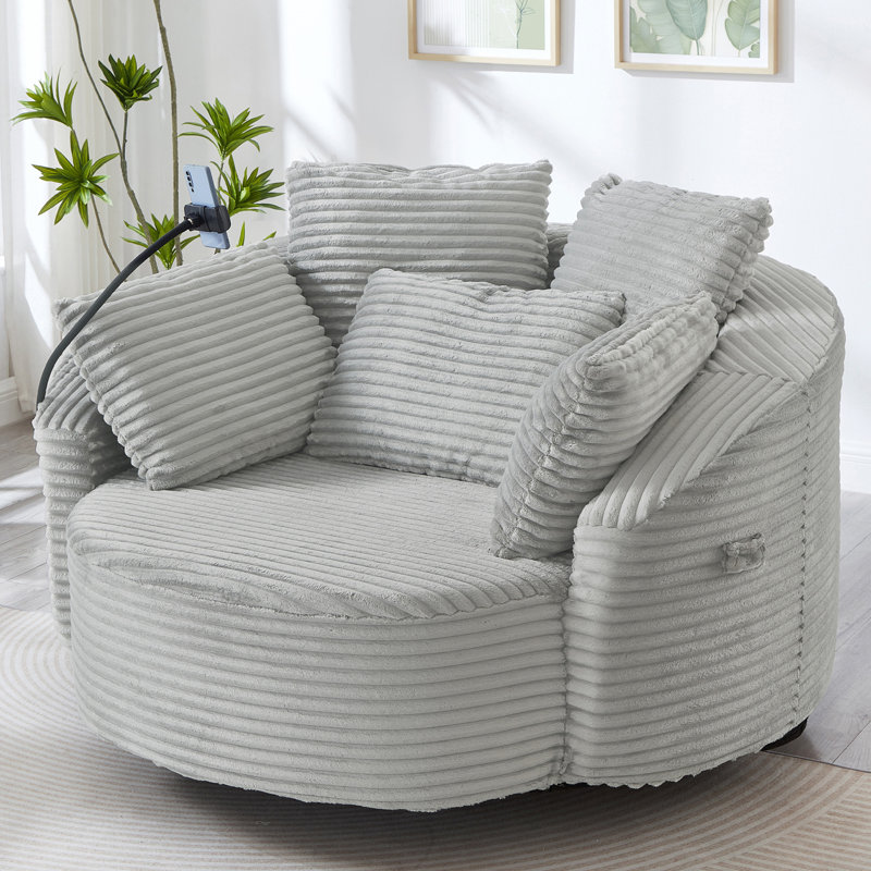 56'' Round Corduroy Sofa With Swivel, Light Gray