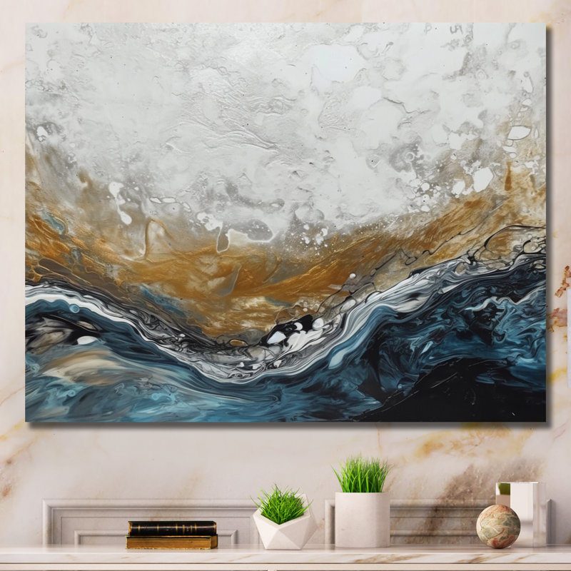 Gris doré moderne abstrait contemporain II - art mural abstrait en marbre, Toile tendue, H 16 po x l 32 po x P 1 po