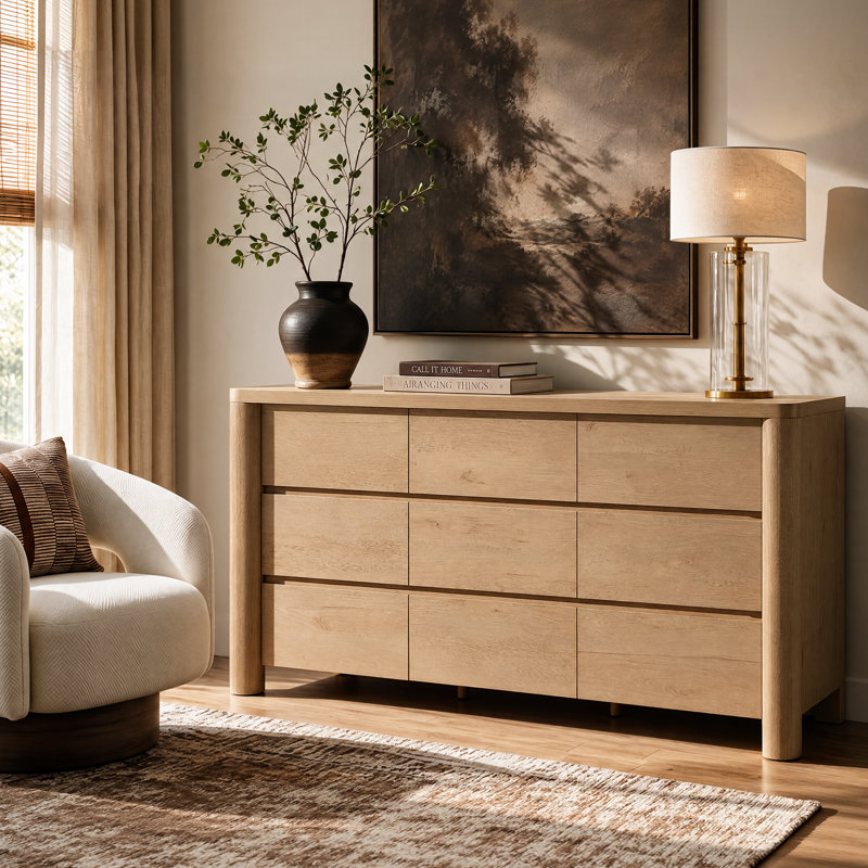 Commode Rondo 63 po L en bois naturel, 9 tiroirs, style moderne, pour chambre ou salon, chêne naturel, Natural