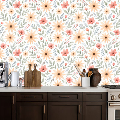 Papier peint auto-adhésif Fleurs sauvages, aquarelle, champ de fleurs, pré mignon, papier contact adhésif, décoration murale auto-adhésive pour armoires de cuisine de chambre à coucher, 24 po x 118 po