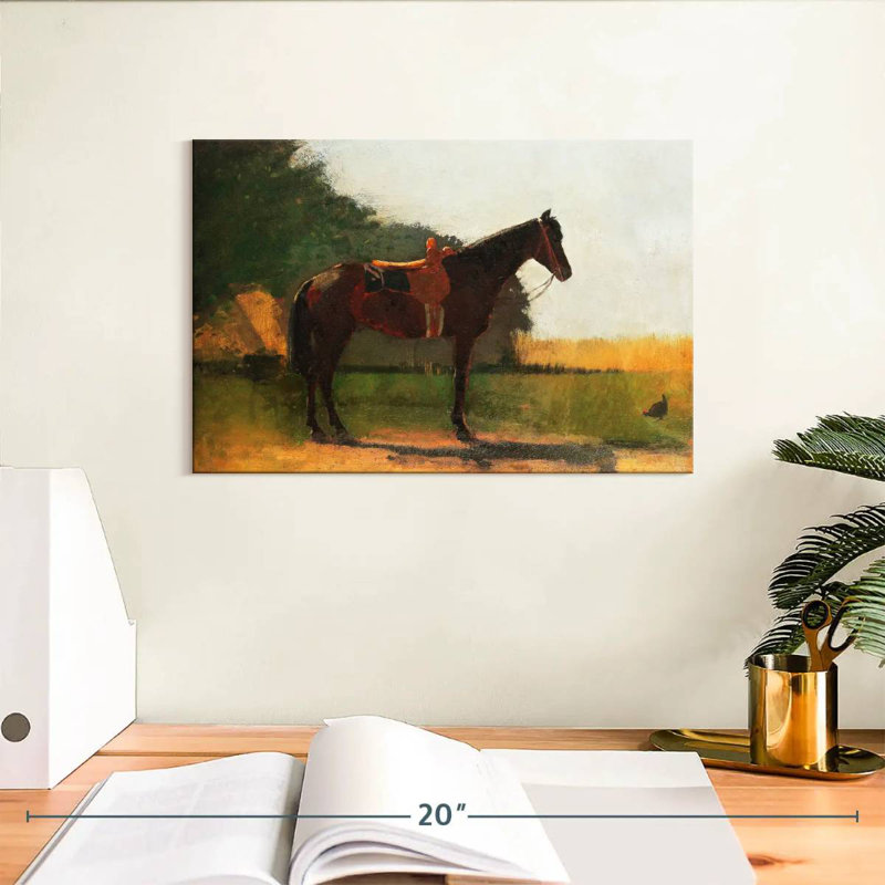 Cheval de selle dans une cour de ferme, H 8 po x l 12 po