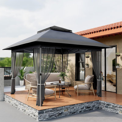 Tente de pavillon escamotable 10 pi x 12 pi avec moustiquaire, sac de transport à roulettes, pour la pelouse, le jardin et la cour - Gris (sur dégagement)