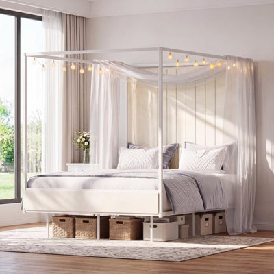 Canopy Bed Frame with Charging Station and RGB LED Strip Lights, 4-Poster Platform Bed with Upholstered Headboard, Heavy-Duty Steel Slats, No Box Spring Needed