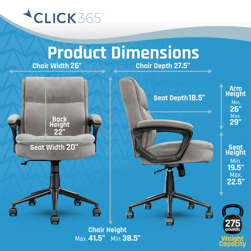 Click365 Transform 2.0 Ergonomic Mid Back Desk Chair, with Padded armrests, Adjustable-Height, Velvet, Light Gray