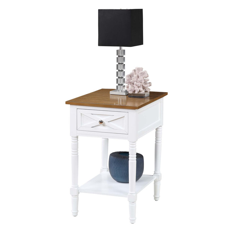 Lirette 25" Tall End Table with 1 Drawer and Built in Outlets, Driftwood/White
