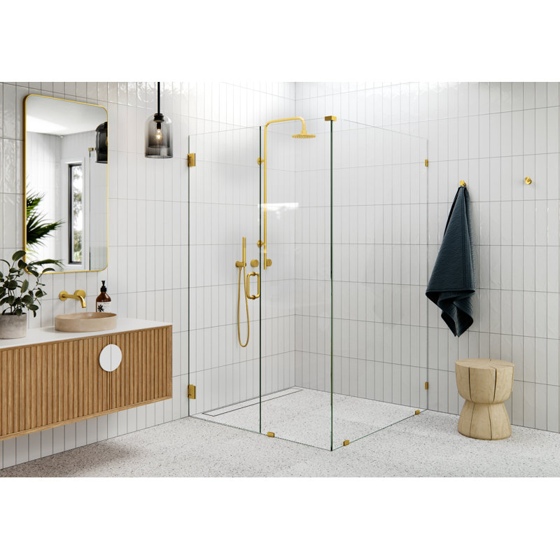 Illume 50 in. x 47.5 in. x 78 in. 90-degree Fully Frameless Wall Hinged Glass Shower Enclosure, Satin Brass