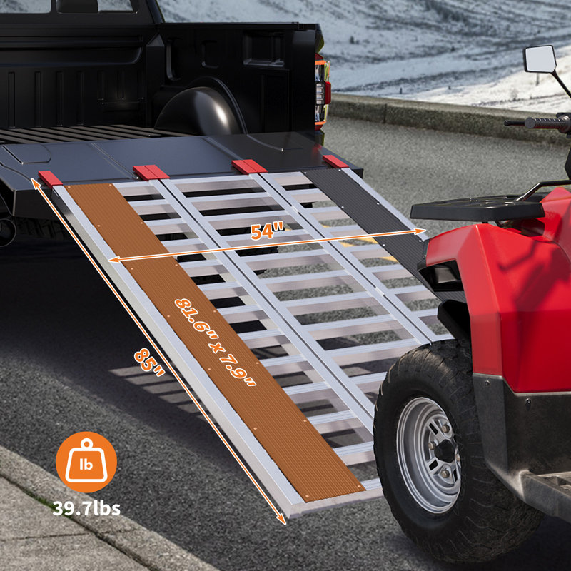 Rampe de chargement pour motoneige 85 po x 54 po – Rampes pliables en aluminium en trois parties pour camionnettes, capacité de 1 500 lb. Rampes de chargement avec courroies de chargement pour motos, VTT et quads.