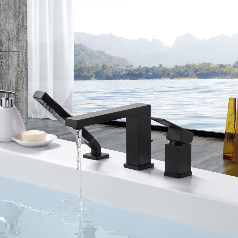Rift Collection Two-Handle Deck-Mount 8.0 gpm Roman Tub Faucet with Pull-Out Hand Shower & Rough-In Valve - Matte Black