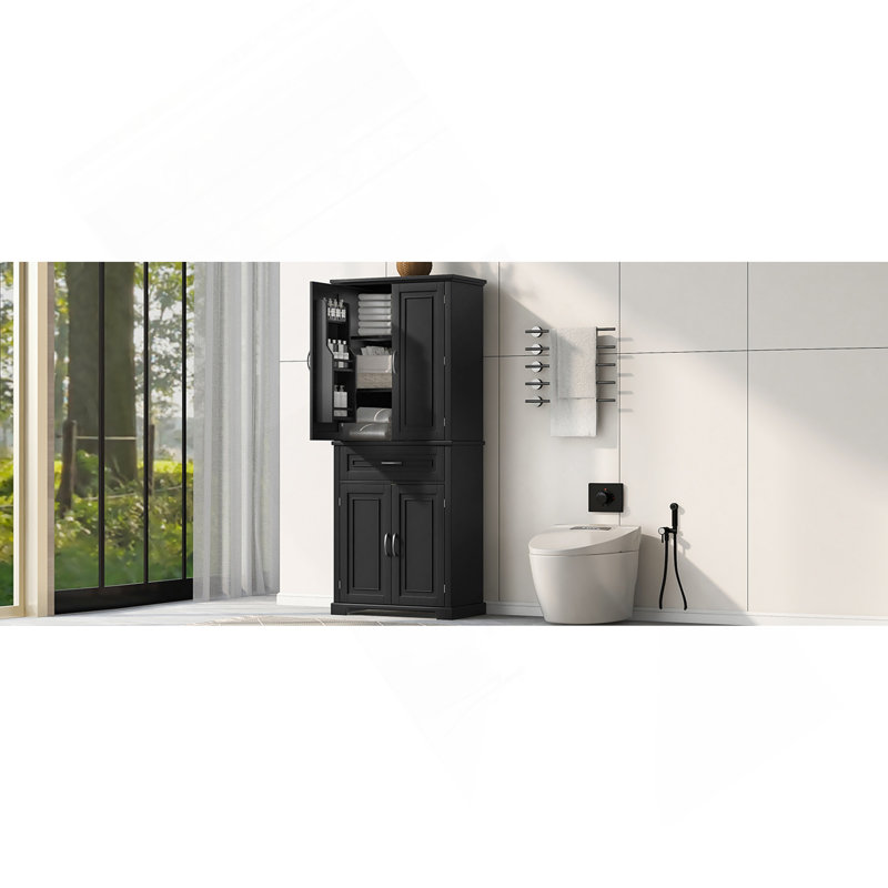 Armoire de rangement pour salle de bain avec portes et tiroir, plusieurs espaces de rangement, tablette réglable, noir, Noir