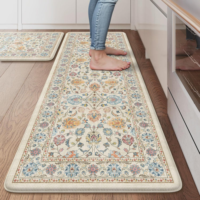 Boho Vintage Kitchen Rugs Sets of 2 Comfort Standing Mat, 119cm L x 44cm W, Cream