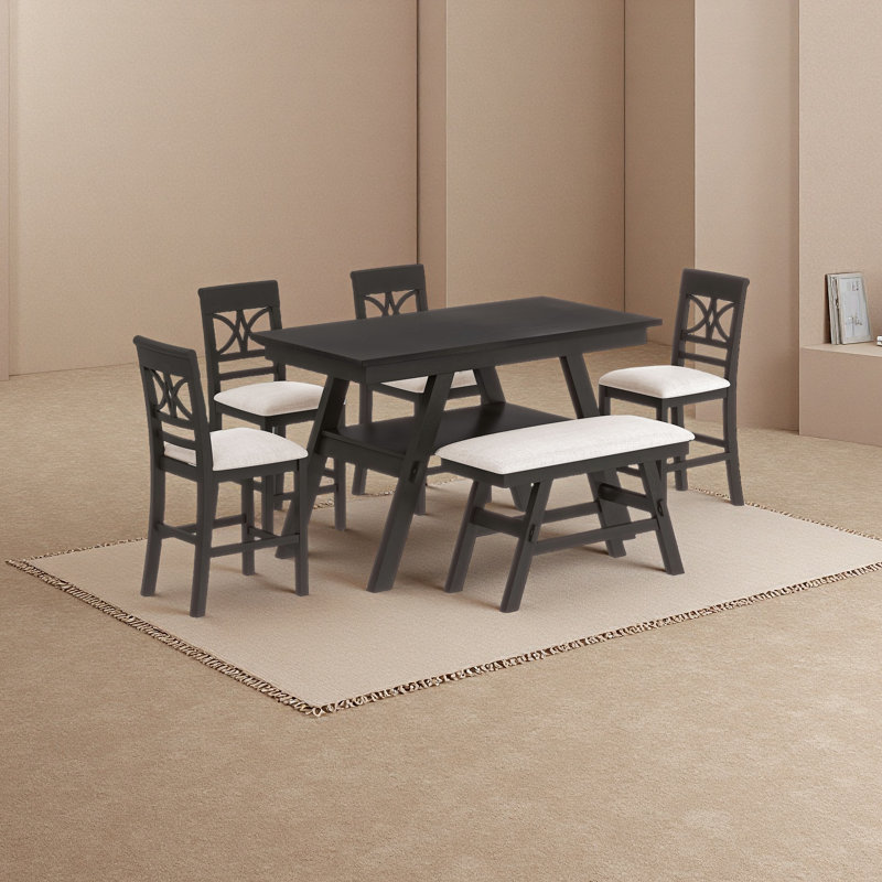 Ensemble de table de salle à manger 6 pièces à hauteur de comptoir en bois avec tablette de rangement, ensemble de table de cuisine avec banc et 4 chaises