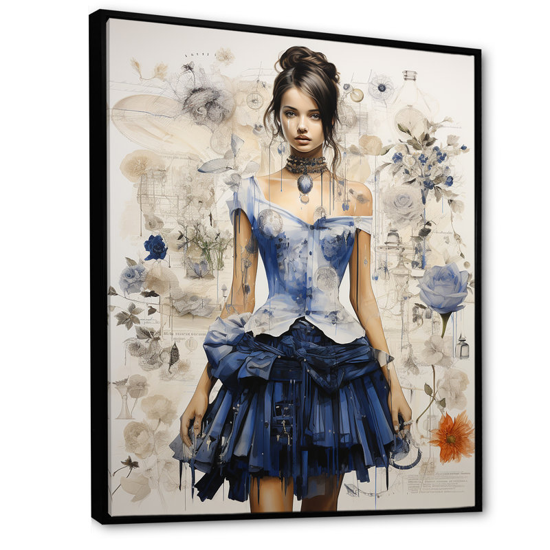 Dessin de robe haute couture sur toile, Cadre flottant noir, H 44 po x l 34 po x P 1,5 po