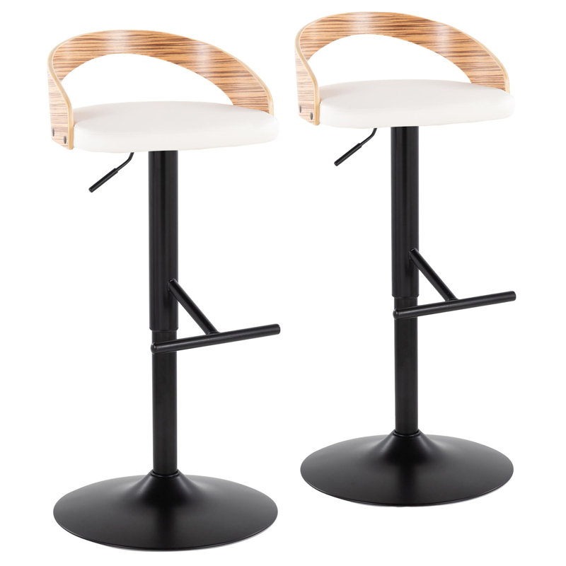 White Adjustable Swivel Bar Stool with Zebra Wood Back