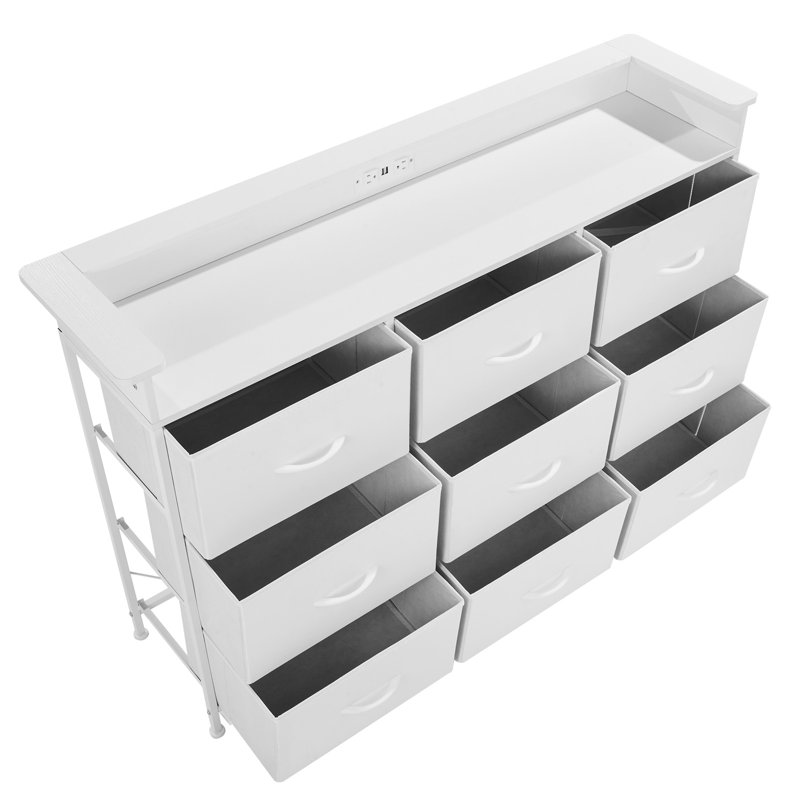 Commode 9 tiroirs grande commode en tissu avec bac DEL et prise blanche