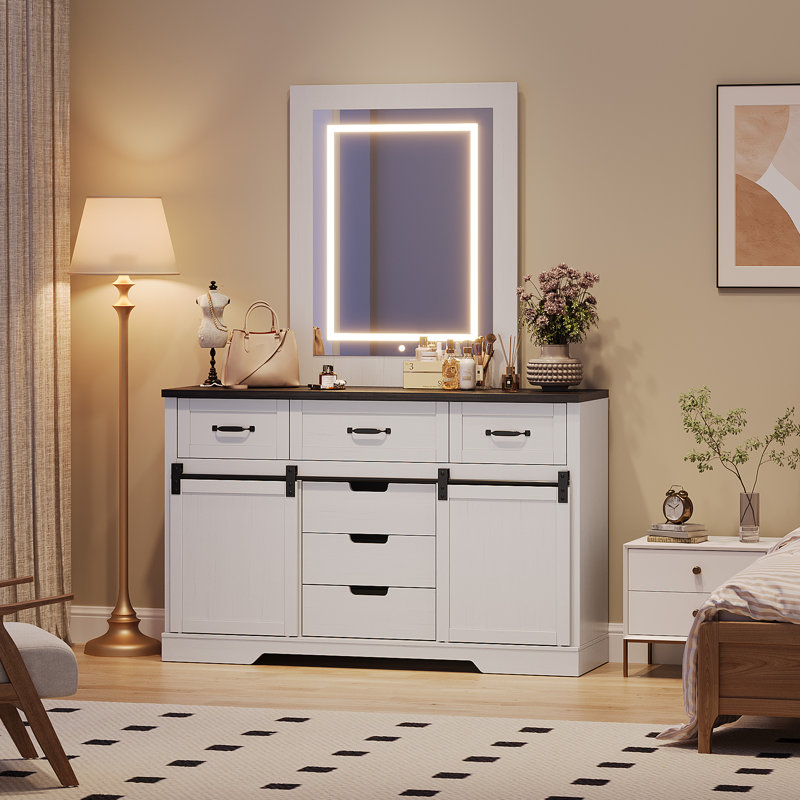 Commode 6 tiroirs avec portes de grange coulissantes et miroir de maquillage lumineux Modern