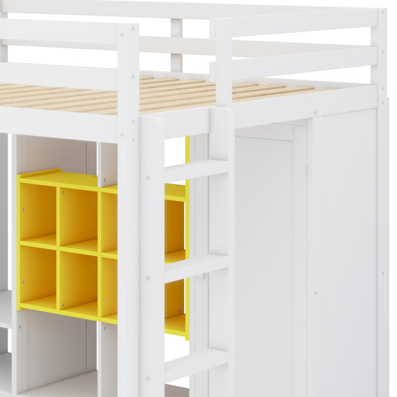 Lit mezzanine en bois avec garde-robe, tablettes et armoire, Lit simple, Blanc / jaune