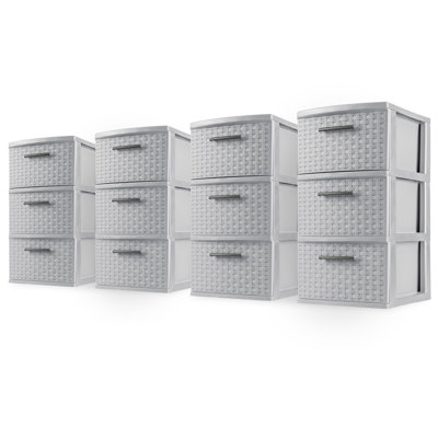 Sterilite 3 Drawer Storage Tower, Plastic Weave Medium Organizer, Cement, 4 Pack