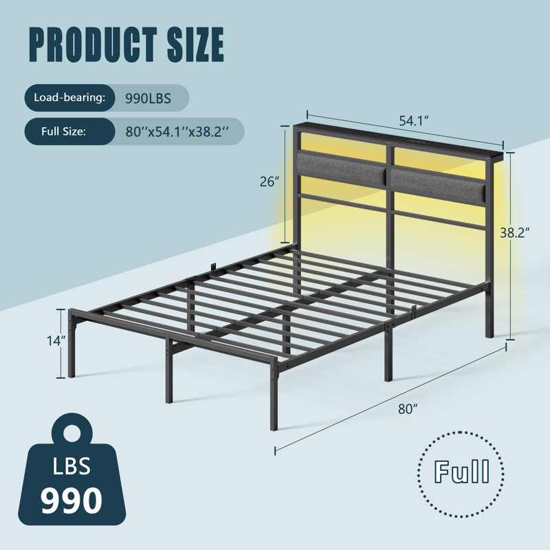 Full Bed Frame with LED Light and Charging Station, Metal Frame with Upholstered Headboard, Large Storage Space, No Box Spring Needed