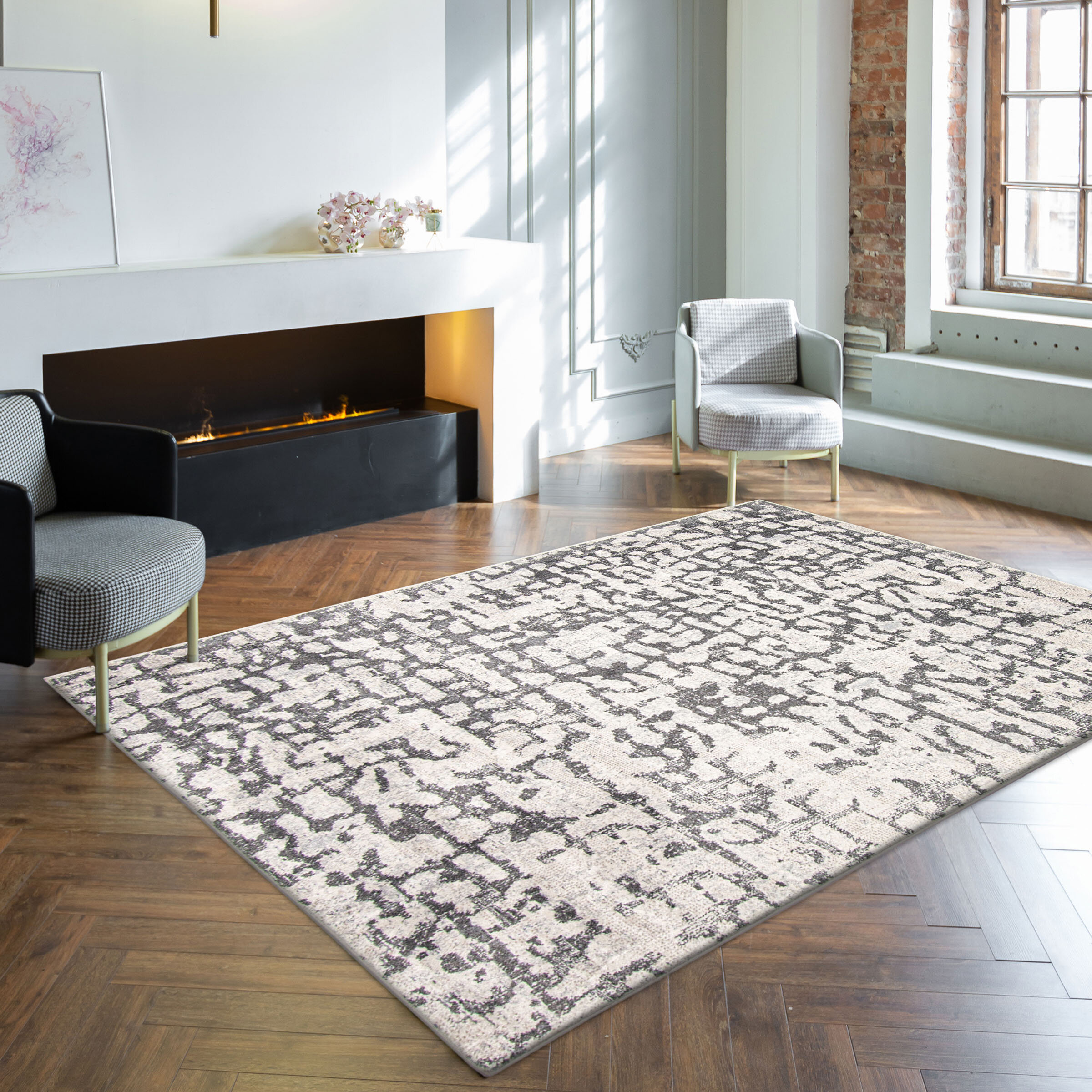 Luca Grey White Red Yellow Green Abstract Design Rug, 6'7 x 9'6