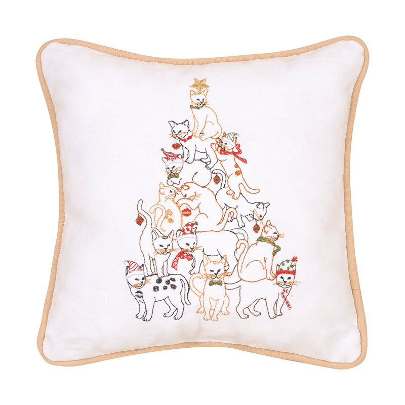 Cat Tree Embroidered Christmas Holiday Throw Pillow