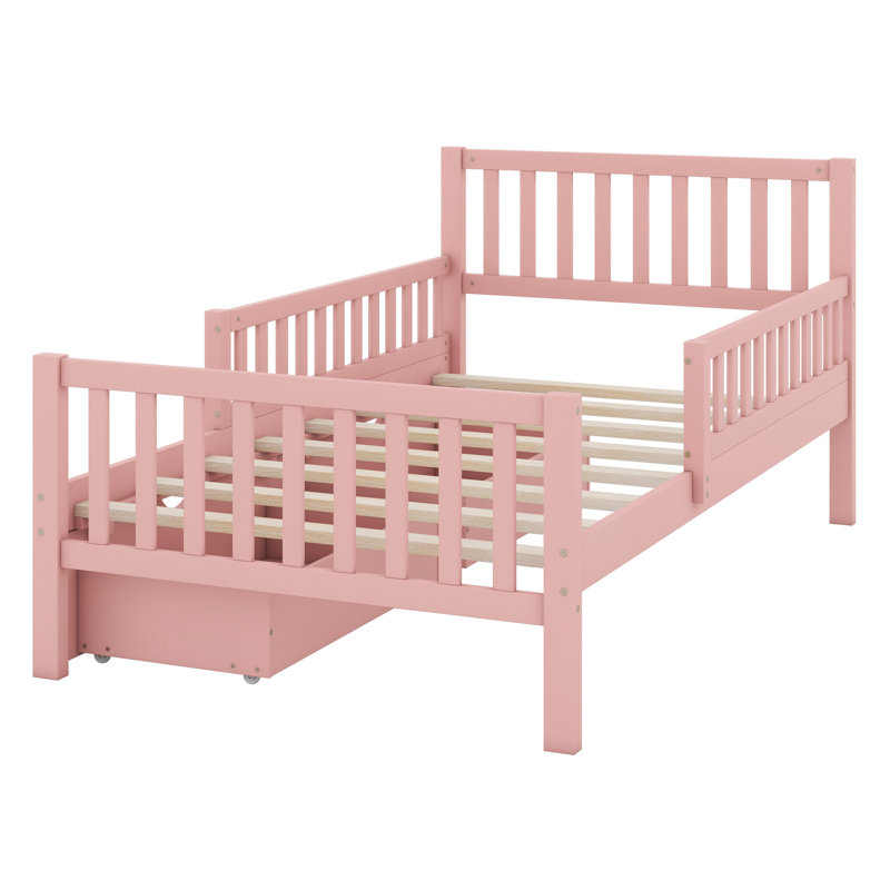 Wood Platform Bed With Guardrails On Both Sides And Drawers, Pink, Twin