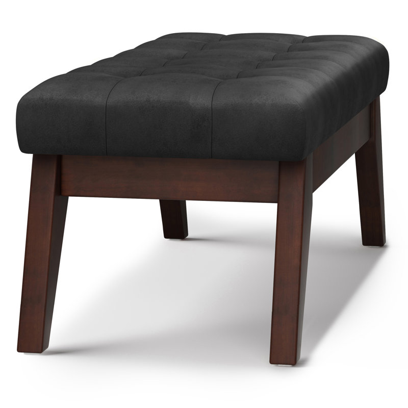 Distressed Black Faux Leather Tufted Ottoman Bench