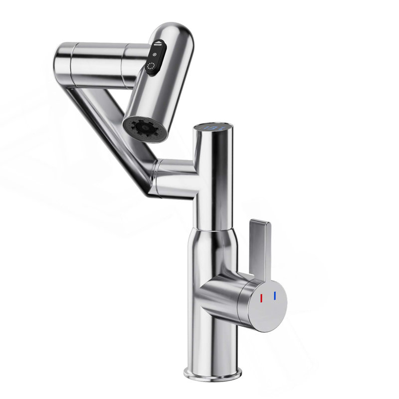 Bathroom Sink Faucet with Spray Function and Temperature Display for Anti-Skid Switch and Hot & Cold and 360° Rotary, Chrome