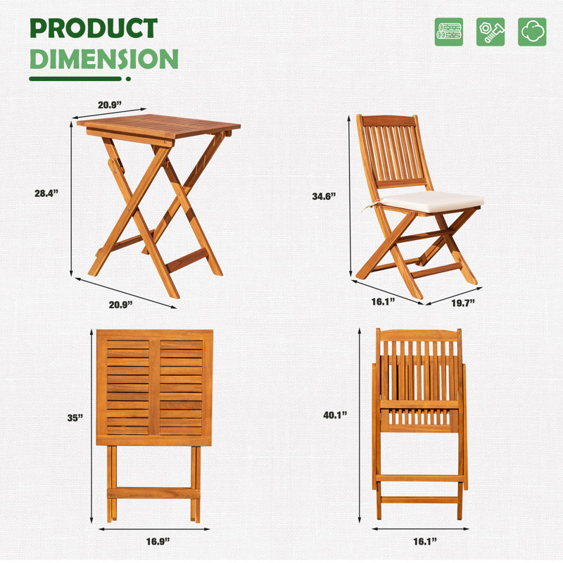 Ensemble de conversation pliable en bois massif pour 2 personnes Kaecyn