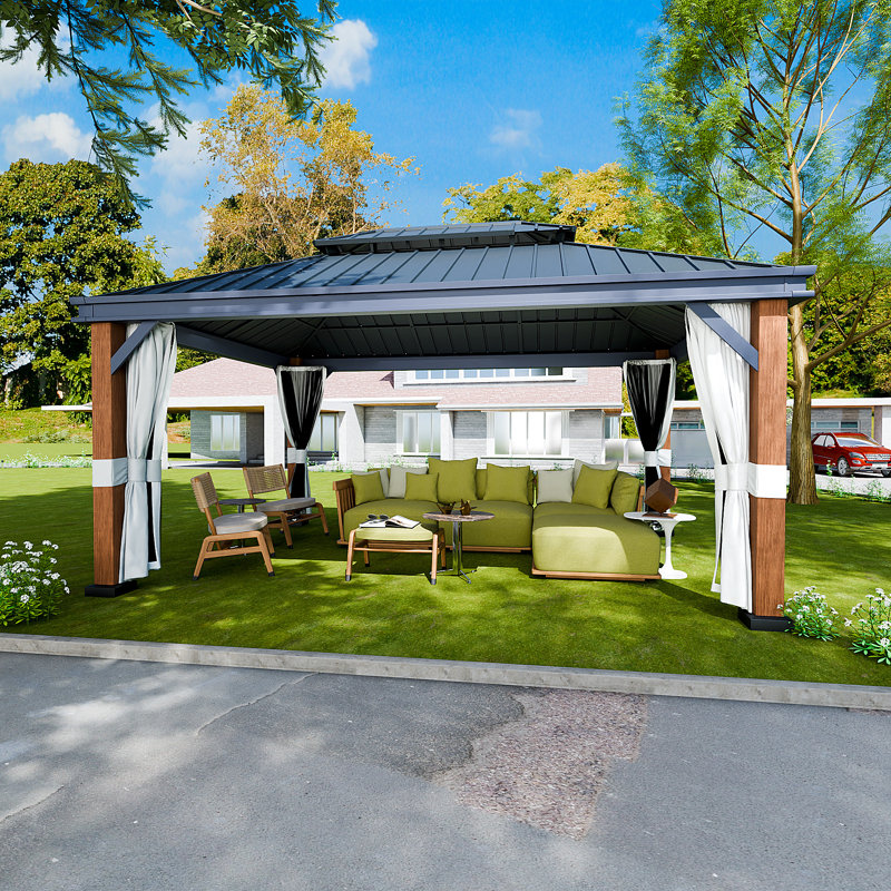 12 pi. L 16 pi. D Pavillon de jardin en aluminium à grain de bois, toit double en acier galvanisé avec moustiquaire, rideau d'intimité et crochet de plafond