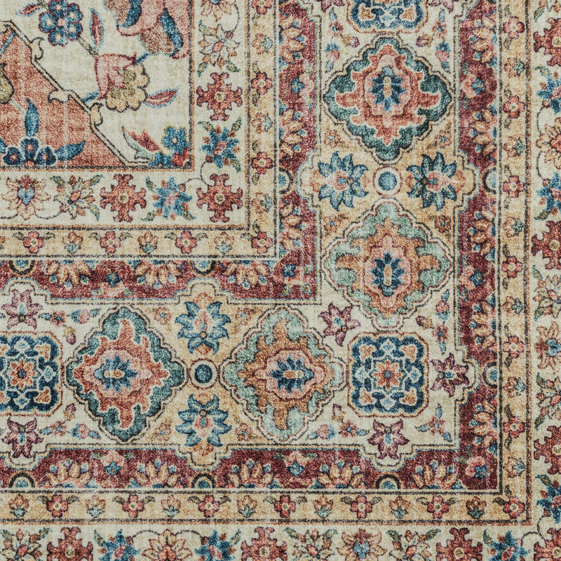 Cinzia Red and Blue Patchwork Washable Synthetic Area Rug 8' x 10'