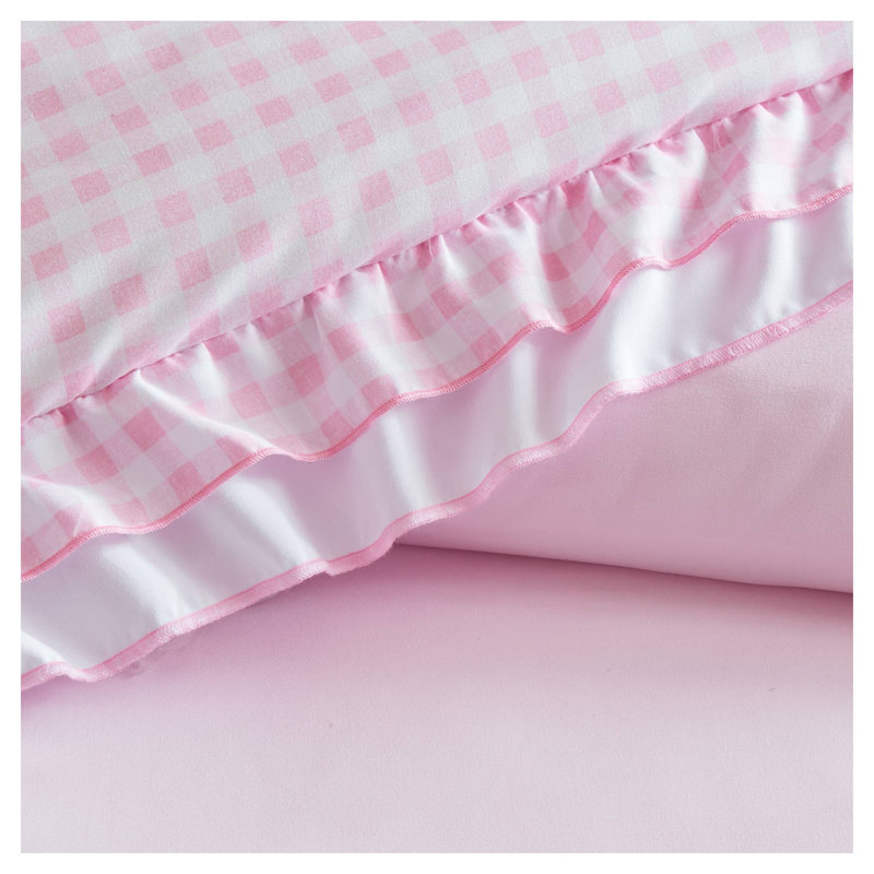 Ensemble d'édredon 3 pièces pour lit simple rose avec motif à volants Vichy - Literie en microfibre douce pour chambre d'adolescente